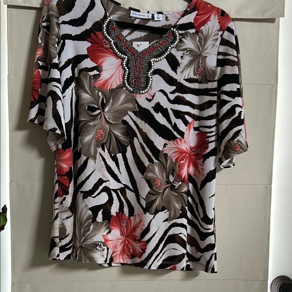 Women's Floral Zebra Print Top by Susan Graver